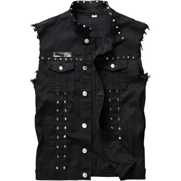 Men's Goth Punk Studded Denim Vest Ripped Distressed Sleeveless Jean Vest Rocker - Picture 4 of 7